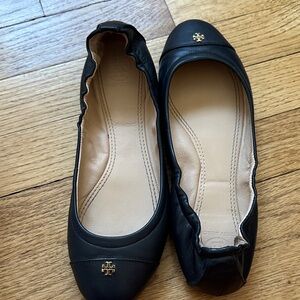 Tory Burch Black Leather Loafers with Gold Logo